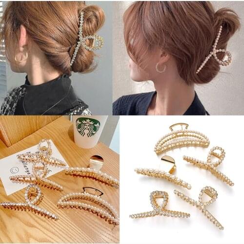 Korean Pearl Crystal Hair Claw Fashion Cross Metal Carb Hair Clips For Women Elegant Hair Accessories Hairgrips Hairpins