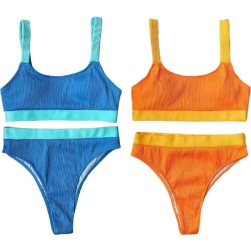 Summer Fashion Women Bathing Suit Padded Bra High Waist Briefs Color Block Ribbed Swimwear Bikini Set for Beachwear Water Sports