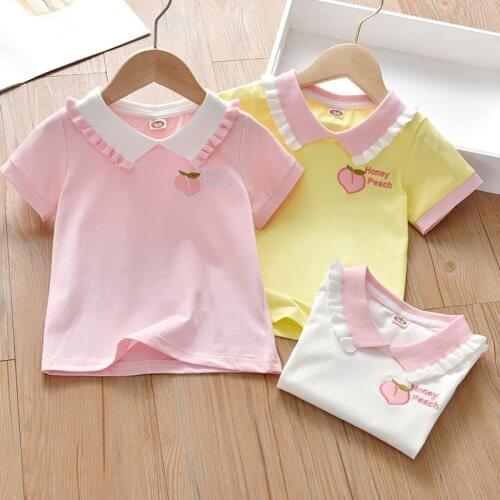 Summer baby girls new fashion cute t-shirt kids peach embroidery lapel casual top tees