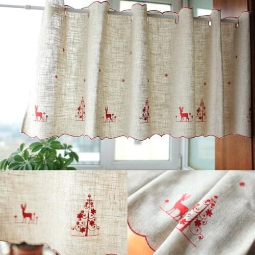 Christmas Decoration Holiday Short Kitchen Curtain Linen Material Red Elk Embroidered