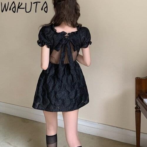 WAKUTA Sweet Puff Short Sleeve Mini Dresses Women 2021 New Slim Cute Back Lace Up Square Collar Lace Girl Dress Elegant Vintage