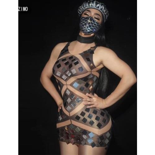 Nightclub Party Bodycon black mini Dress sleeveless Sequin Mesh Perspective Dresses Women Sexy See Through Prom DJ Dance Stage