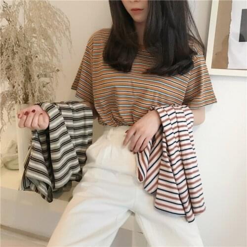 2021 Summer New Y2k Tops Style Striped Short-sleeved T-shirt Women Korean Fashion Bottoming Shirt Womens Top Womens Clothing