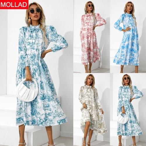 Fall 2021 European and American Womens Clothing European Station round Neck Printed Loose Ninth-Sleeve Dress