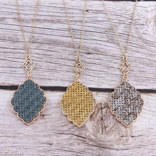 Classical Morocco Magnolia Style Pendant Necklaces for Women Handmade Weave Raffia Rattan Long Sweater Chain Necklaces Jewelry