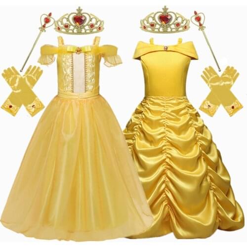 Golden Princess Dress Cosplay Girls Dress Crown Magic Stick Party Kids Dress For Girls Clothing Birthday Ball Gown