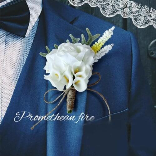 Wedding Artificial White Calla Lily Flower Groom Boutonniere Men Corsage Wedding Event Accessories Party Pin Decoration