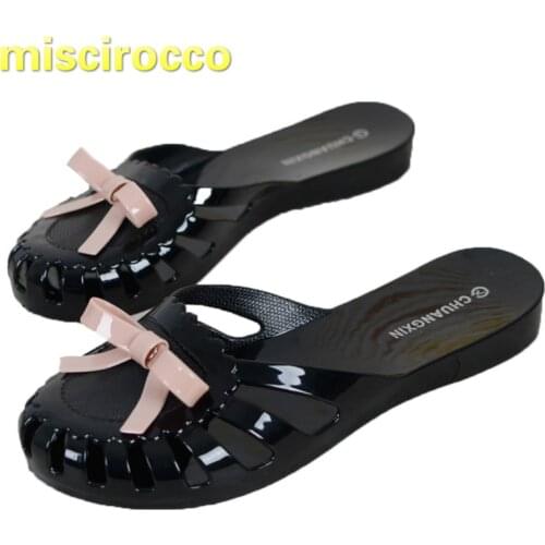 Womens Shoes Womens Slippers Summer Bow Plastic Jelly Slippers Leisure Non-slip Beach Slippers Crystal Flat Slippers