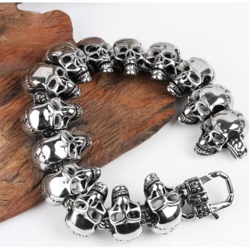 Skull Charm Mens Hand Bracelet Stainless Steel Punk Skeleton Male Wrap Metal Bracelet Bangle European Punk Jewelry For Man