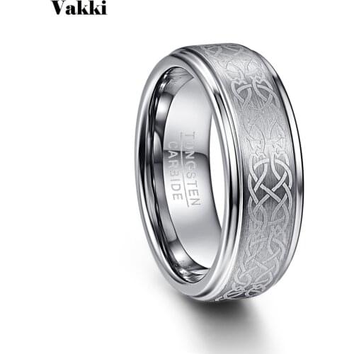 VAKKI Mens 8mm Laser Knot Brush Tungsten Carbide Wedding Band Rings Polished Silver Color Engagement Ring