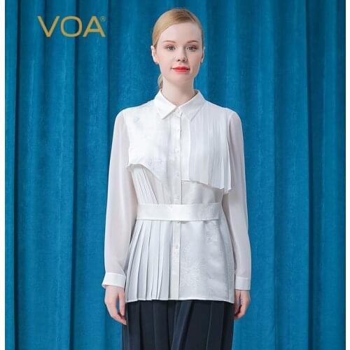 VOA 2021 Spring Fashion Silk White Shirts Women BE551 Polo-Neck Asymmetrical Office Lady Blouses High Quality Luxury Womens Tops