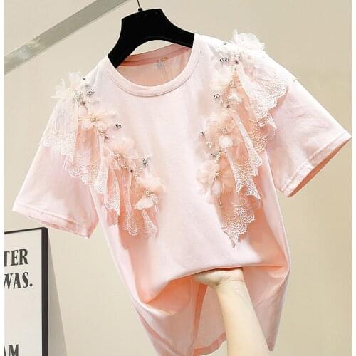Tshirt for Women Diamond Set Frilled Lace Joint Handmade Beading Stereo Flower Short Sleeve T-shirt Girl Ladys T-shirt Tees Top
