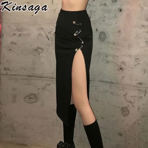 Grunge Gothic Sexy High Waist Split Midi Skirts Women Summer Mall Goth Aesthetic Emo Black Stretch Pins Bodycon Pencil Skirt 90s