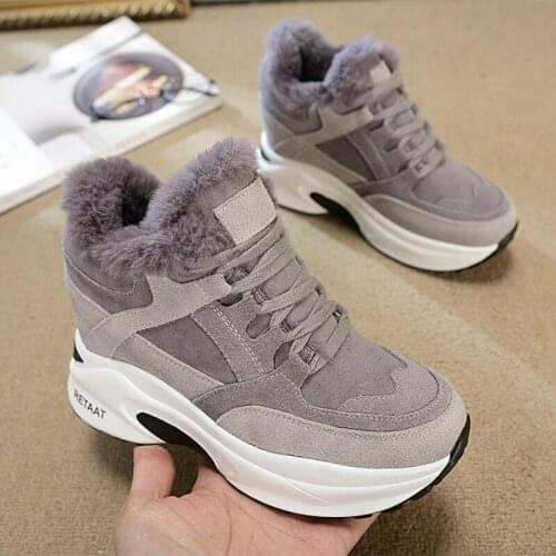 Womens Winter Sneakers Warm Fur Wedge Platform Sneakers Korean Plush Casual Shoes Woman High Heels Black Ladies Sneakers 2020