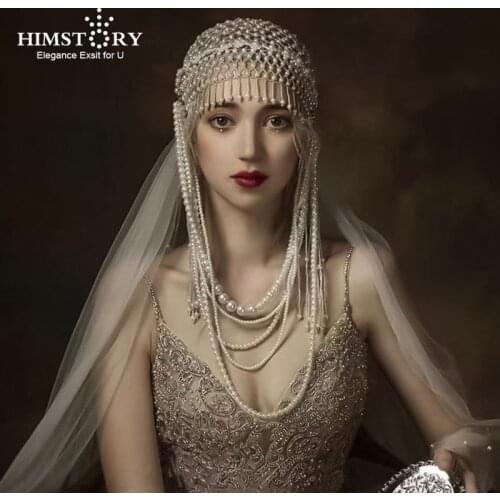 HIMSTORY Elegance Bridal Pearl Tassel Hat Hairwear Lusurious Forehead Drop Wedding Party Headpiece Hair Accessories