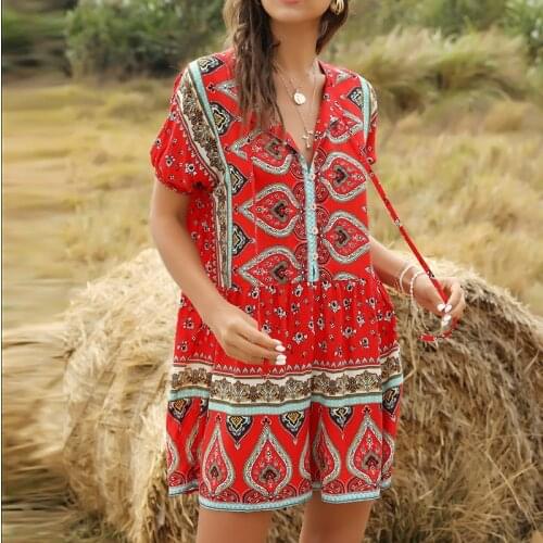 Women Boho Tassel Jumpsuit Button Short Sleeve Print Playsuit Short Jumpsuit Elegant V Neck Overalls Combinaison Femme Monos New