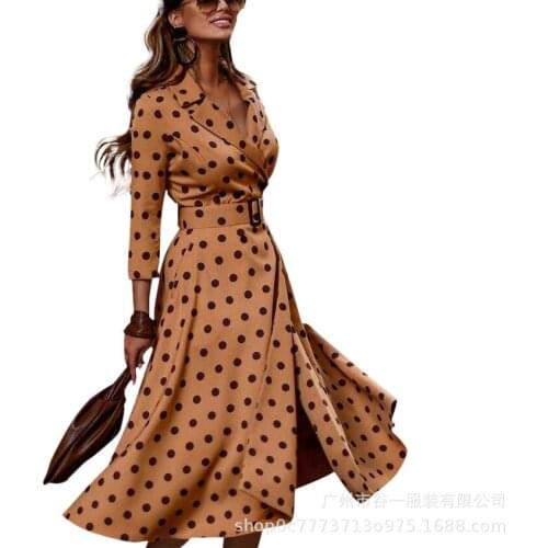 Elegant Suit Collar Dress Commuting Costume Office Lady Fashion Dot Polka Midi Women Clothing Casual Long Sleeve Evening Dresses