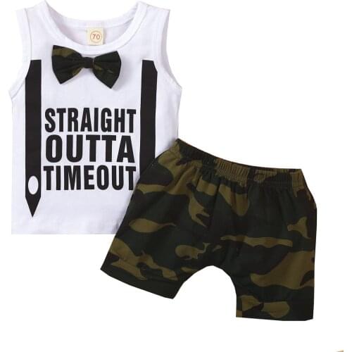 2021-04-29 Lioraitiin 0-18M Newborn Infant Baby Boy 2Pcs Summer Clothing Set Sleeveless Letter Printed Vest Top Camou Shorts