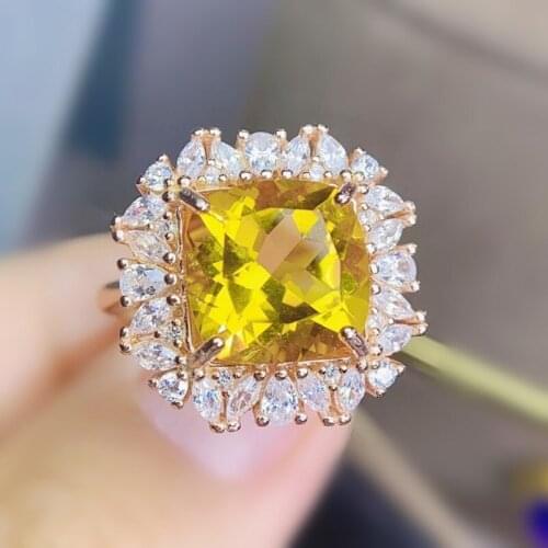 Natural real yellow citrine square luxury big ring Free shipping 10*10mm 4.2ct gemstone 925 sterling silver Fine jewelry J215272