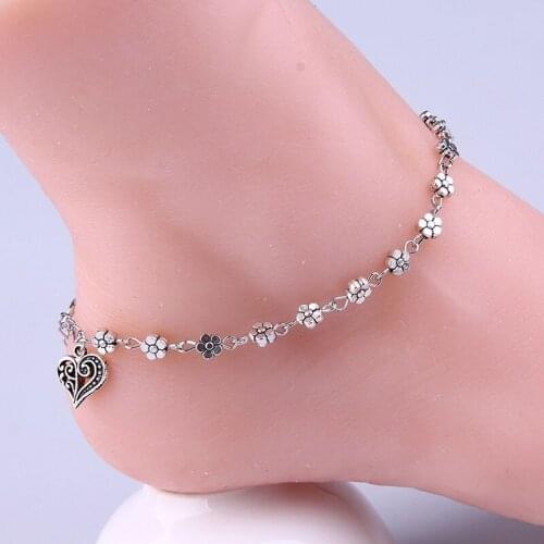 Heart Floral Anklets Silver Color Bead Chain Anklet Ankle Bracelet Foot Jewelry Summer Beach Accessories Girl Gift Wholesale