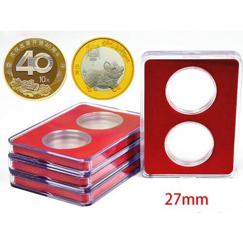 Red Protection Collection Case Commemorative Coin Display Storage Box Double Hole Round Coin Holder Plastic Capsules