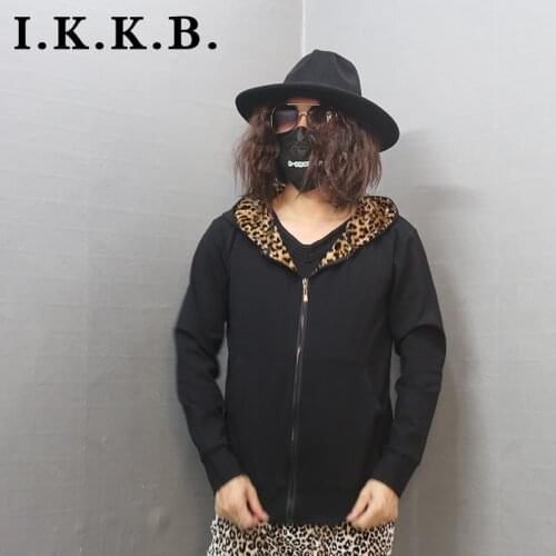 Early autumn slim dark solid cardigan sweater hooded European and American trend casual mens versatile coat Leopard Print