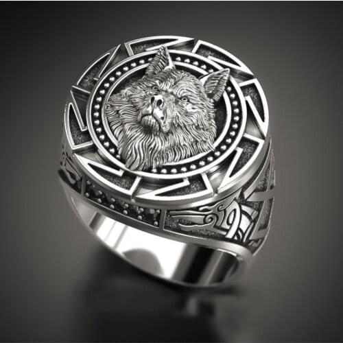 POPACC Fashion New Mens Vintage Wolf Totem Thai Rings Nordic Mythology Warrior Wolf Head Mens Gift Jewelry