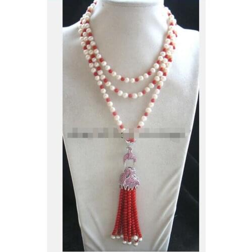 Beautiful freshwater pearl &red coral leopard clasp necklace 60inch nature wholesale beads
