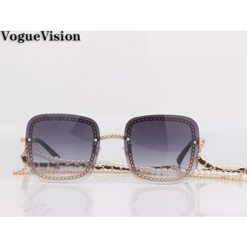 Square rimless sunglasses women metal chain temples fashion women sunglasses with chain necklace