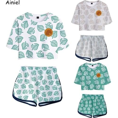 Hot Game Animal Crossing Shirt T-Shirt Shorts Sport Suit Tom Nook 3D Leaf Printed Short Sleeve Tees Girls Disfraz Women Gym Set