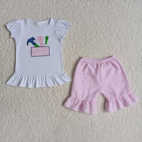 RTS Baby girls fashion tool design woven ruffle shorts children wholesale boutique outfits clothing sets clothes 2pcs sibling