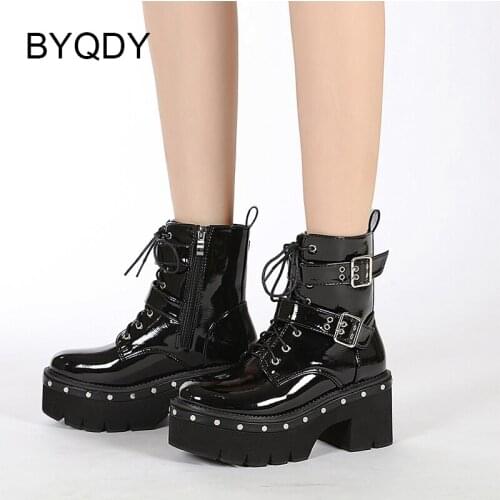 BYQDY Fashion Martin Boots Women Platform Shoes Rivet Belt Buckle Punk Style Woman Motorcycle Boots Zapatos Mujer Light Comfy