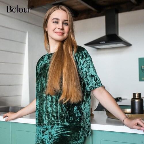 Bclout Autumn Velvet Warm Sleepwear Green Solid Short Sleeve Top Long Pants Home Suit Pajama For Women Loungewear Female 2021