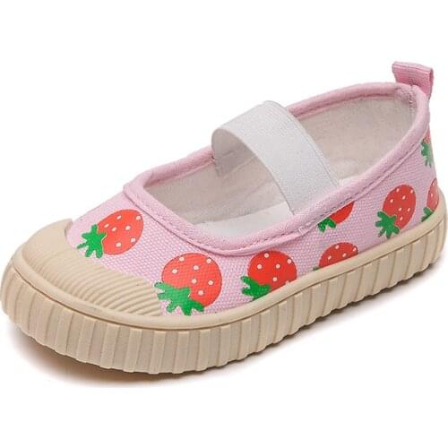 2021 Autumn Childrens Shoes New Girls Korean Cartoon Print Cute Casual Canvas Shoes Flats Strawberry Student Shoes 21-32 Hot