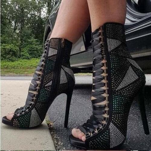 Hot Geometry Patchwork Diamond Crystal Ankle Boots Woman Peep Toe Ribbons Cross Tied Cuts Out Zipper Back Thin Heels Short Boots