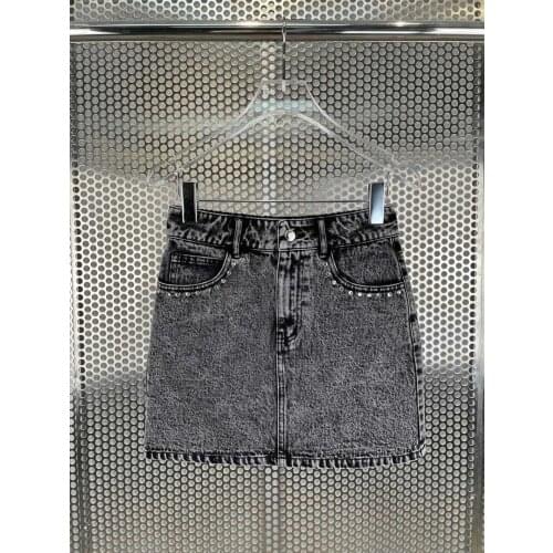 Luxury 2021SS Summer New Women Grey Diamonds A-Line Denim Skirt For Female Ddxgz2 6.23