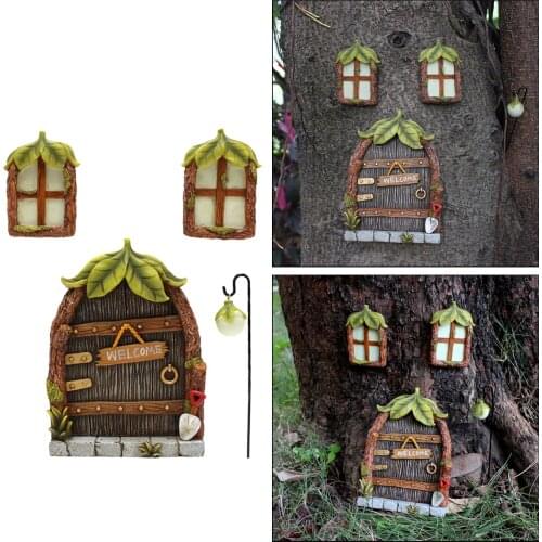 Glowing Miniature Resin Fairy Door Windows Yard Art Mystical Sculpture for Outdoor Wall Trees Decor