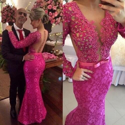 Fuchsia Party Dress Beads Full Sleeves Evening Gowns Mermaid suknie wieczorowe Chic Sexy Evening Dresses Long Sheer Back