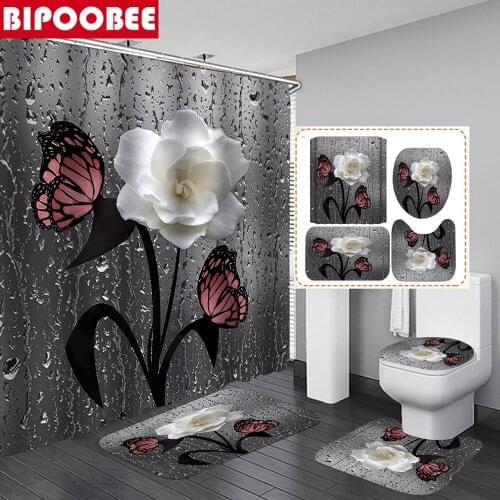 White Rose Butterfly Print Shower Curtain Bathroom Curtains Set Bath Mats Non-Slip Pedestal Rug Toilet Cover Carpet Home Decor