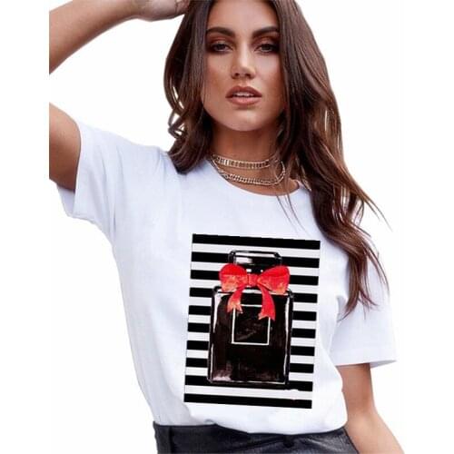 2020 Womens T-shirt Fashion Perfumer Floral Stripe Summer Print Top Female Tshirts for Ladies Streetwear O-neck Short Clothes