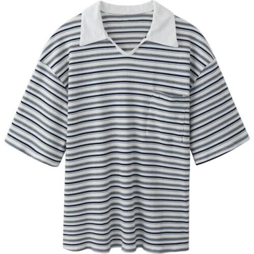 Summer new style polo collar striped short-sleeved Korean loose Harajuku T-shirt women