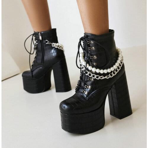 Black Fashion Chain Woman Boots Platform Super High Heel Ankle Boots Stone Pattern Pu Leather Autumn Winter Big Size Women Boots