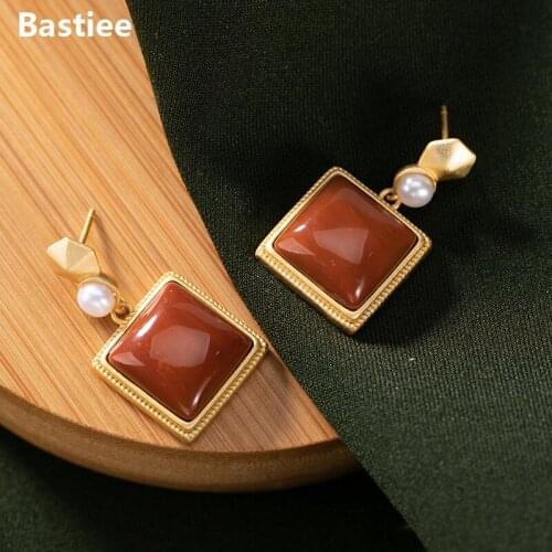 Bastiee Square Drop Earrings For Women Pearl Silver 925 Jewelry Elegant Earings Lady OL Gold Plating