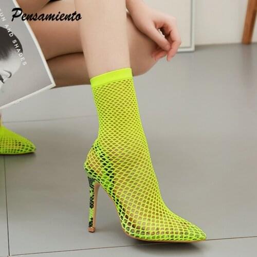 2019 Summer Sexy See through Women Sock Boots Breathable Hollow out High heels Ankle boots Big size 35-42 Party Club Shoes Woman