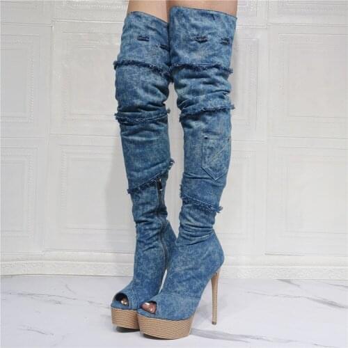 Womens Peep Toe Shoes Blue Denim Boots Platform High Heel Over The Knee High Boots for Ladies Zipper Big Size 47