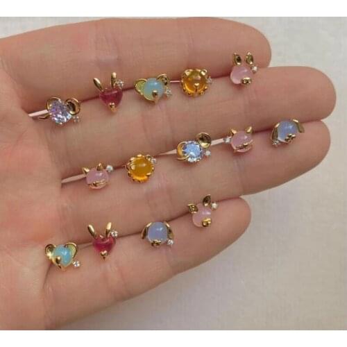 925 sterling silver top quality gold plated fashion small cute lovely animal colorful cz stud Earring women girl 5pc/set jewelry
