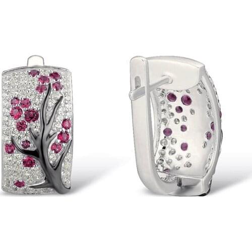 Silver Color Cherry Blossom Stud Earrings Clear CZ Pink Rose Flower Branches Women ANNIVERSARY SALE Jewelry Mom Gift