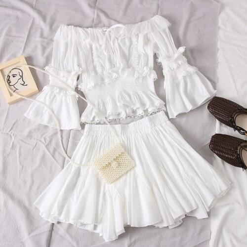 2021 Summer Women White High-end Draped Two Piece Set Flare Sleeve Ruffles Top+ High Waist Mini Skirt Ladies Lace 2pcs Set