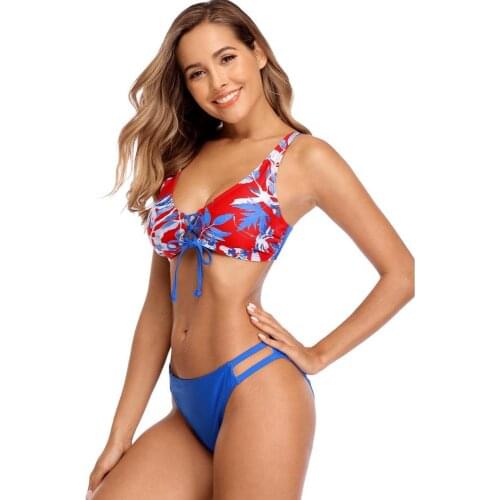 Womens Floral Print Swim Cutout Spaghetti Strap Halter Top Two Piece Bikini Swimsuit