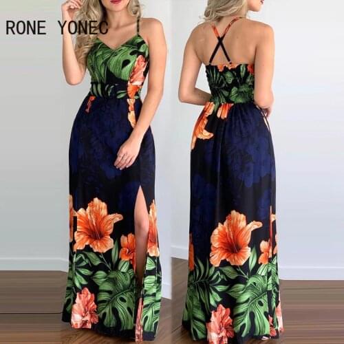 Women Elegant Dress Tropical Print High Slit Crisscross Backless Maxi Dress Dress Sexy Summer Vacation Dress